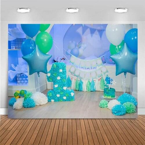 Baby 1st Birthday Photography Background Blue Balloon Star Cake Newborn Baby Portrait Backdrop Birthday Party Decor Photo Studio