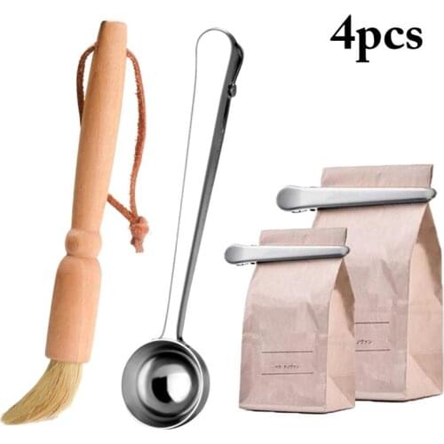 Kapmore 4Pcs/Set Coffee Tools Set Creative Tea Scoop Bag Clip Coffee Grinder Cleaning Brush Set Coffee Tools Accessories