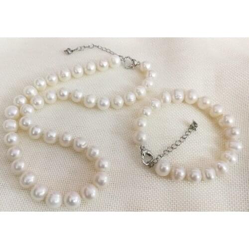 Women Jewelry set 8x9mm white natural pearl necklace bracelet hollow heart clasp AAA Cultured freshwater pearl 17'' 43cm