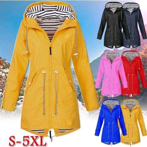 Zipper Hiking Jacket Women Windbreaker Hooded Button Long Sleeve Coat Outdoor Sport Waterproof Waist Tightening Raincoat
