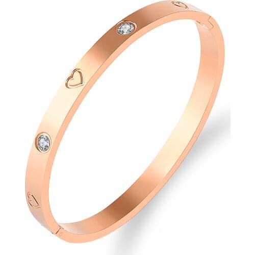 Summer New Nice Rose Gold Plating 316L Stainless Steel Bangles Bracelets for Women CZ Inlaid Heart Shape Wedding Party Jewellery