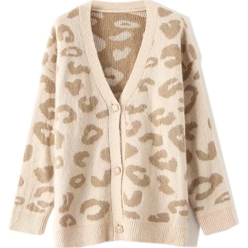 Autumn Winter V-Neck Knit Cardigans Women Single-Breasted Casual Loose Sweaters Female Mohair Cardigans Leopard Print Knitwear