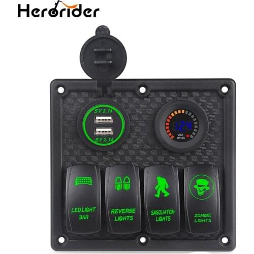 Marine Boat Switch Panel 4 Gang with Voltmeter Socket 4.2A Dual USB Charger Car LED light On/Off Rocker Switch Panel Car Boat