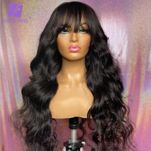 Wavy Human Hair Scalp Top Wig With Bangs For Black Women Full Machine Made Scalp Top Wig Peruvian Remy Hair Wigs luffywig