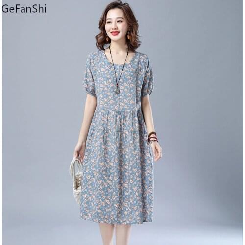 2021 New Cotton Linen Short Sleeve Dress Summer Floral Vintage Casual Loose Dress Elegant Women Dresses Vestidos