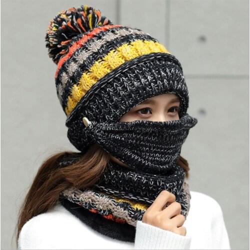 New Brand Winter Hats Women Thick Knit Warm Beanies Hat Bib Female Windproof Cycling Wool Stitching knitting Hedging Caps Sets