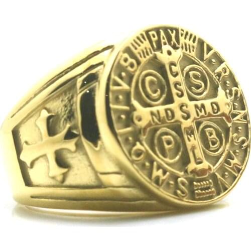 Unisex 316L Stainless Steel Saint Benedict of Nursia Cross Ring