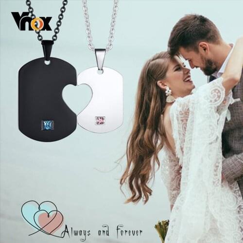 Vnox 2pcs/ Set Heart Puzzle Pendants for Couples, Big Stainless Steel Tag with AAA CZ Stone,Women Men Lover Anniversary Necklace