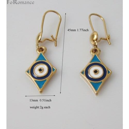 YELLOW GOLD OVERLAY Parallelogram PART ENAMEL EVIL EYE 1.77" EARRIN TURKISH TURKEY STYLE PROTECT