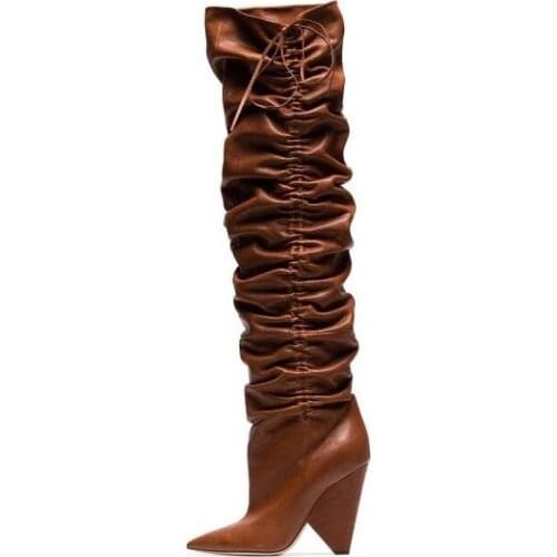 Autumn New Brand Women Solid Chocolate Brown Folding Cone Heels Pointed Toe Leather Over The Knee Thigh Long Boots Big Size Lady
