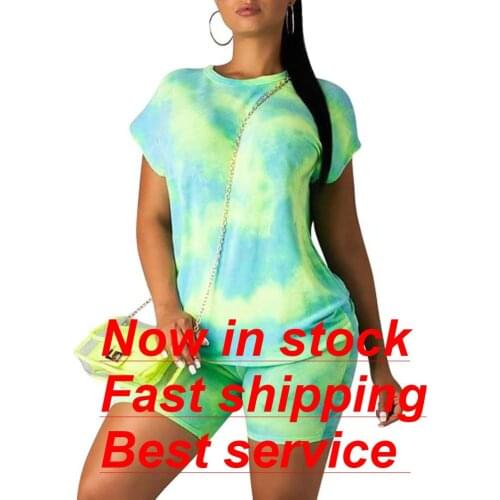 Womens 2 Pieces Tracksuit Sports Outfit Tie Dye Short Sleeve T Shirts Bodycon Pants Outfit Set