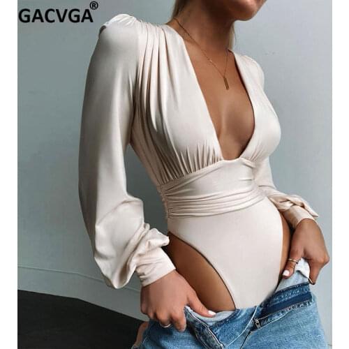 GACVGA Deep V Neck Bodysuit Women Long Sleeve Black Jumpsuit Loose Stretch Club Wear Sexy Button Overalls Fall Short Romper