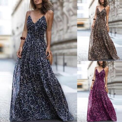 Women Leopard Printing Long Dress 2021 Summer Sleeveless Sexy V Neck Backless Dress Fashion Elegant Sexy Party Club Female Dress