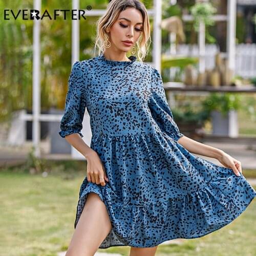 EVERAFTER Elegant Leopard Print Women Dress Puff Sleeve A-line O-neck Ruffled Loose Summer Dress Holiday Beach Lady Midi Dress
