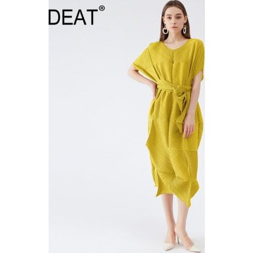 DEAT Women Pleated Short Sleeve Dress With Belt Orange Solid Long Length Elegant Dresses Casual Style 2021 Summer Fashion15HT253