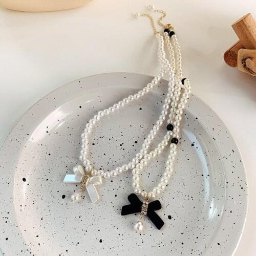 VSnow Fantasy Sweet Black White Bowknot Rhinestone Pendant Necklace for Women Vintage Imitation Pearl Beaded Necklace Jewellery
