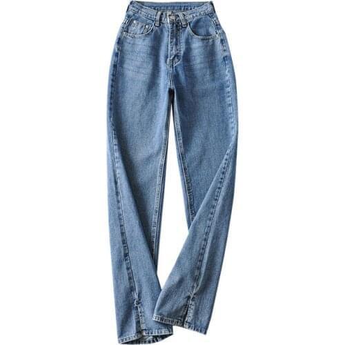 2021 New Hem Split Womens Straight Denim Trousers High Waist Loose Pure Color Womens Pants Fashion Streetwear Tide 2021