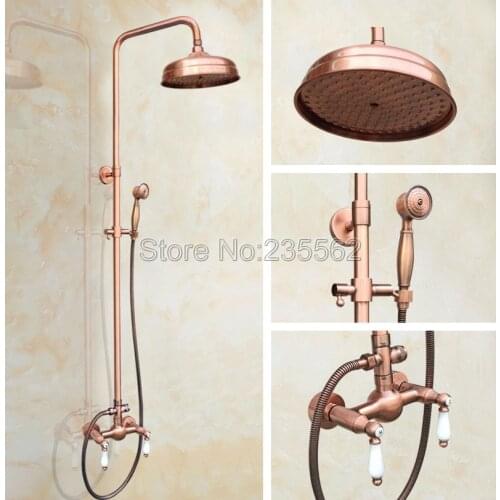 Bathroom 8 inch Rainfall Dual Ceramic Handle Shower Faucet Set Antique Red Copper Finish Wall Mounted Mixer Tap lrg581