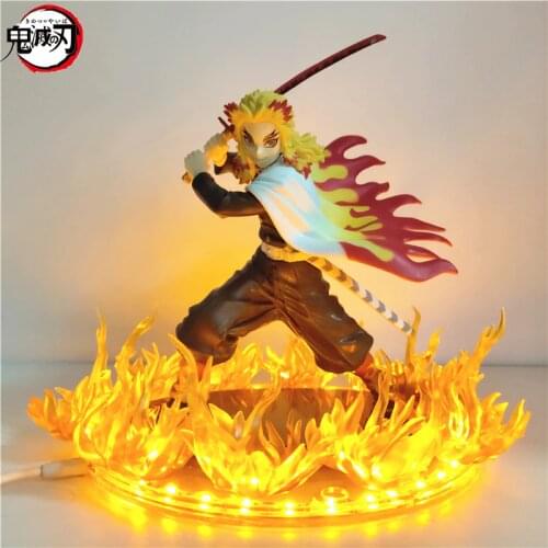 Demon Slayer Figurine Toys Kimetsu no Yaiba Rengoku Kyoujurou Fire Led Scene PVC Action Figure Toy 210mm Anime Juguetes Figuras