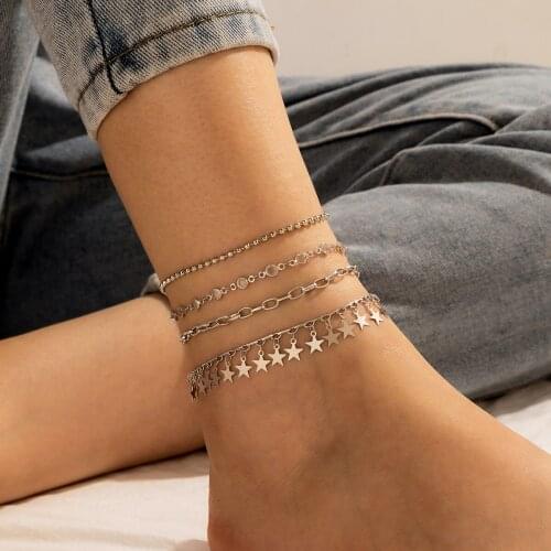 Docona 4pcs/Set Ancient Silver Color Star Tassel Anklets Set for Women Gothic Geometric Zircon Metal Foot Chain Jewelry 15612