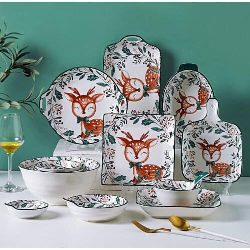 Japanese Style Cartoon Deer Ceramic Dinner Plates Hand-painted Dishes Children Tableware Noodle Rice Bowl Dessert Serving Tray