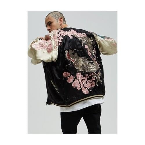 Makuluya High Quality Reversible Coats High Street Streetwear Yokosuka Sakura Cherry blossoms Dragon Embroidery Jacket L6