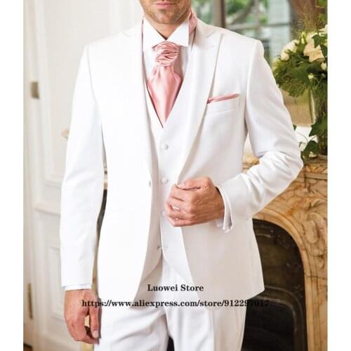 Mens Slim Suits Fashion White 3 Piece Sets Groom Wedding Tuxedo Male Formal Business Blazers Terno Masculino (Jacket+Vest+Pants)