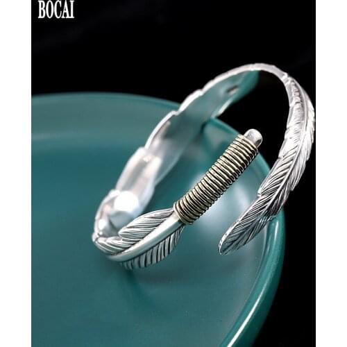 BOCAI New Real s999 pure silver jewelry feather open bracelet fashion trend mens and womens bracelets