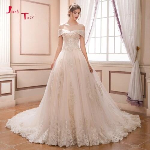 Newest Boat Neck A-line Wedding Dresses Luxury Robe de Mariee Ivory Tulle Sequined Appliques Bride Dress Vintage Trouwjurk