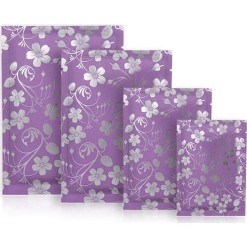 Wholesale 100pcs Purple Flower Open Top Aluminum Foil Bag Heat Sealing Powder Capsule Mask Nail-tips Biscuits Packaging Bags