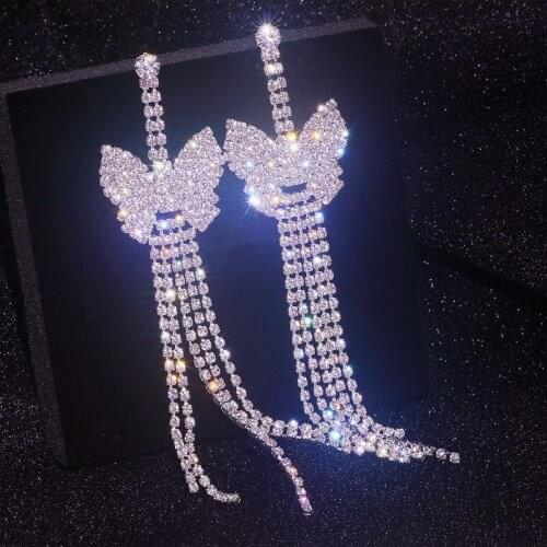 Luxury Big Long Tassel Rhinestone Drop Earrings for Women Bijoux Butterfly Crystal Dangle Earrings Wedding Jewelry Accessories