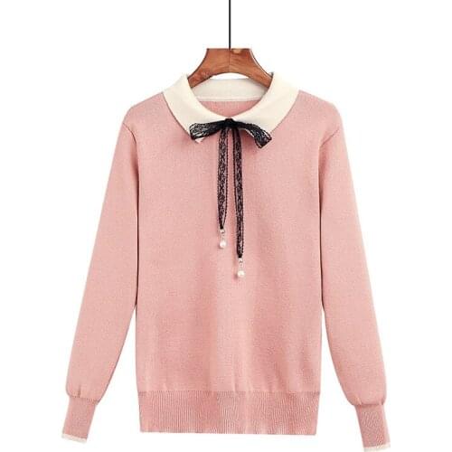 Korean Style Pink Sweet Spring Lace Bow Tie Knitted Lapel Sweater Female Cute Ladies Tops Streetwear Girls Pullovers Elastic Hot