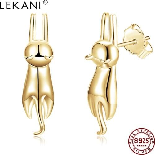 LEKANI 925 Sterling Silver Stud Earrings For Girl Simple Cute Geometric Champagne Gold Kitten Look Party Earring Fine Jewelry