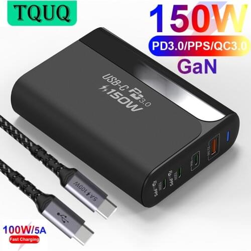 TQUQ 4-port 156W GaN Fast Charger USB C Power Adapter, PD 100W PPS 65W 45W QC4.0 for MacBook iPhone Samsung Dell Xiaomi Laptop