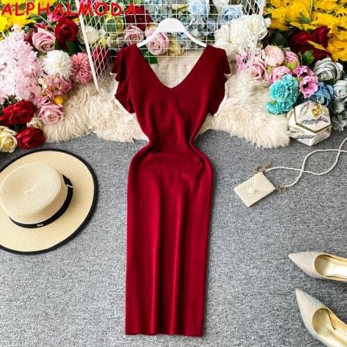 ALPHALMODA V-neck Backless Elastic Knitted Dress Ruffled Sleeve High Waist Solid Color Short-Sleeve Dress