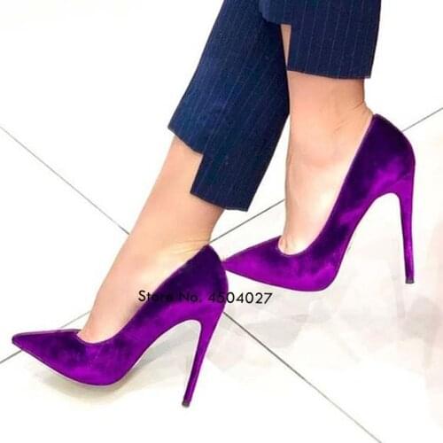 Purple Velvet High Heel Shoes 12cm Stiletto Heels Bride Pumps Slip-on Pointed Toe Wedding Shoes Women