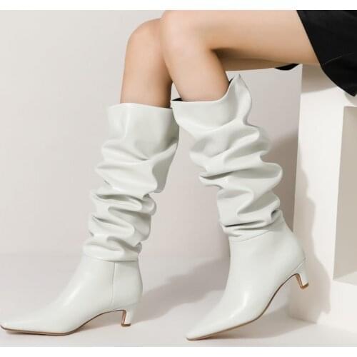 2021 Mid-Heel Ladies Knee High Boots Spring Autumn Fashion Pleated Boots Square Toe Loose Comfortable Winter Womens Shoes