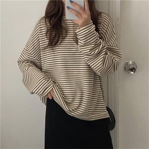Alien Kitty O-Neck Striped Sweatshirts Cotton Oversize 2021 Lady Loose Fashion Casual Autumn Women All Match Basewear Chic Tops