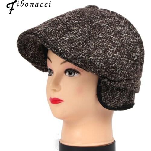 Fibonacci 2020 Winter Newsboy Caps For Men Flat Top Cap Ivy Woollen Beret Hats Middle-aged Retro Warm Ear Forward cap