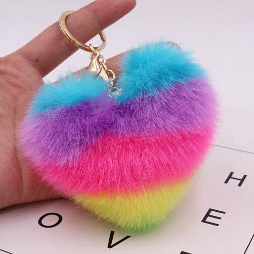1PC Key Chain Fur Heart pom pom Keychain Pompom Artificial Rabbit Fur Animal Keychains For Best Friend Car Bag Key Ring