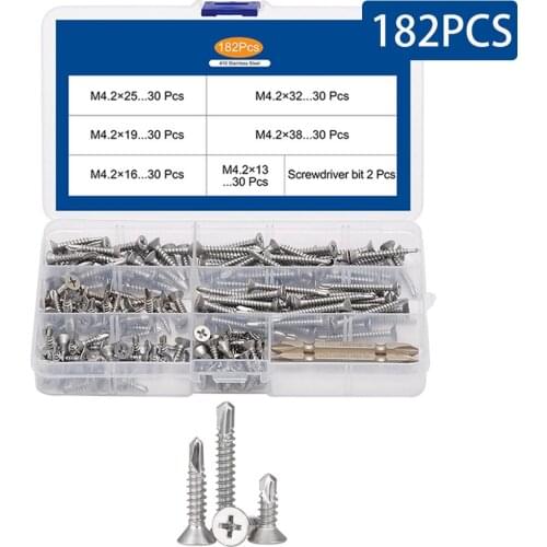 182PCS/Box M4.2 Phillips Flat Head Self Drilling Tapping Screw Kit 410 Stainless Steel Tail Screw With Screwdriver Bit