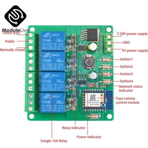 5V Tuya Four-way WiFi Remote Relay Module Smart Switch Controlled by Mobile Phone APP 4CH DC 12V 24V 220V Remote Relay Module