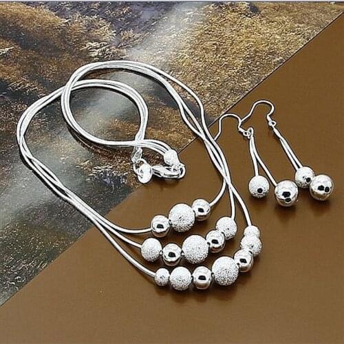 925 Sterling Silver Smooth Frosted Bead Snake Chain Necklace Earring Set For WomenS Wedding Engagement Fashion Jewelry