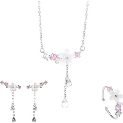 925 Sterling Silver Tassel Pink Cherry Blossom Charm Necklace Earrings Rings For Women Party Jewelry Set Pendientes A020