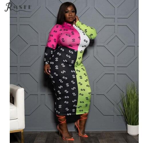 RMSFE 2021 Large Womens Long Sleeve Round Neck Color Contrast Digital Printing Symbol Fashion Large Dress