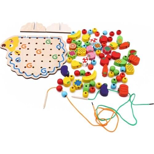 Wooden Fruits Vegetables Lacing Stringing Beads Toys with Hedgehog Board Montessori Educational Toy for Kids Children Gift 82Pcs