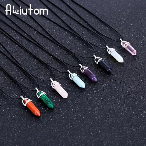 Hot Hexagonal Column Natural Crystal Tiger Eye turquoises pendentif amethyste Stone Pendant Chains Necklace For Women Jewelry