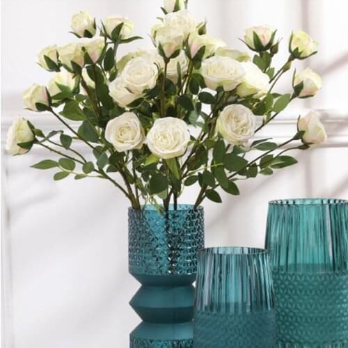 6 Heads Artificial Silky Rose Flowers Fake Green Leaves Vintage Bridal Wddding Bouquet Home Garden Party Decoration