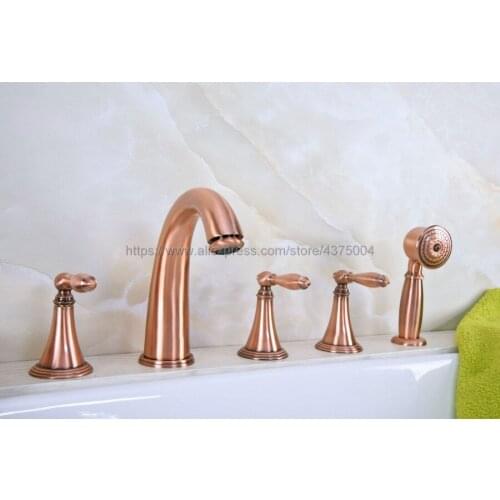 Red Copper Antique Deck Mounted 5PCS Bathroom Faucet Bathtub Basin Tap Cold Hot Water taps With Three Handles Ntf202