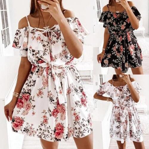 Summer Dresss Women Clothing Summer Floral Print Dresses Bandage Ruffles Sling Short Sleeve Dress For Women Vestidos Femme Robes